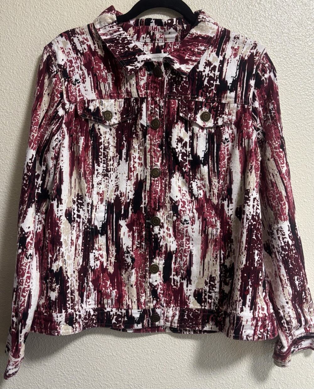 Denim Jacket Pink White Artsy Abstract Western Rodeo Boho CJ Banks Size Large